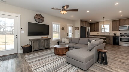 Cozy modern farmhouse living room with open kitchen