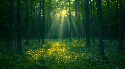 Obraz premium Sunlight Streams Through Lush Forest