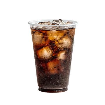 cold cola in plastic cup with ice cubes on transparent background