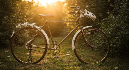Obraz premium Vintage Bicycle Dinosaur Skull Decorated Outdoors Sunset