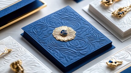 A beautifully designed blue invitation card with intricate floral designs and a gold emblem in the center. High-class invitations for a prestigious event.