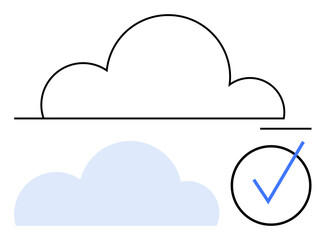 Cloud outline with a connected checkmark and filled cloud below, representing verification, data safety, and trust. Ideal for technology, cloud computing, success, security, approval software