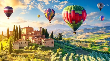 Obraz premium Colorful hot air balloons over Tuscan landscape at sunset