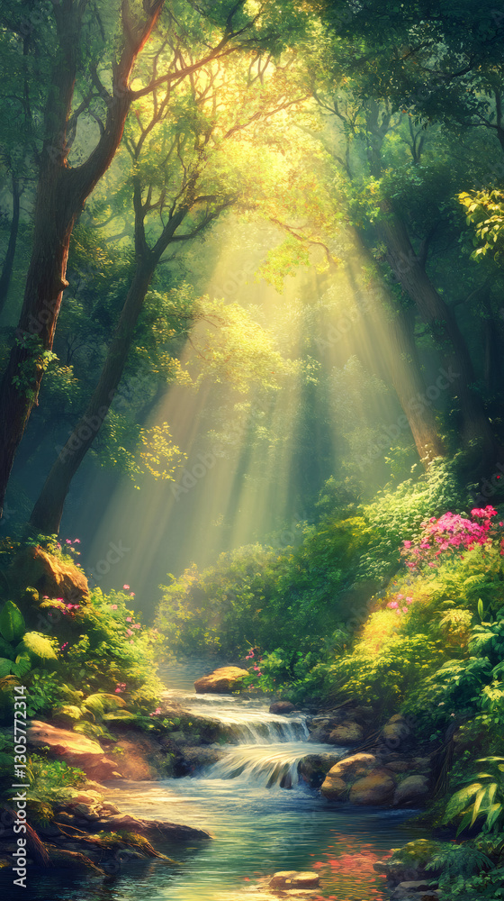 Poster bright sunlight streaming between forest trees, casting golden glow over cascading river and misty w