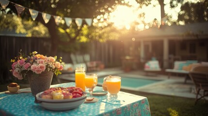 A table displays a bowl of fruit alongside two glasses of juice.