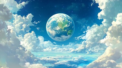 Fototapeta premium Earth floating in space with swirling clouds and ocean reflections, soft natural light, deep vivid blues and greens, and calm majestic atmosphere, wide-angle shot.