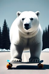 Fototapeta premium white polar bear riding a skateboard. extreme sports, action pose, white fur, anthropomorphic, urban animal, cool bear, animal character, skateboarding bear, wild animal, fun illustration, wild
