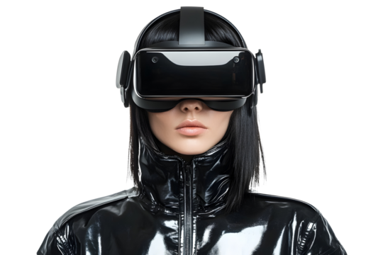 Futuristic Cyborg Woman Wearing Virtual Reality Headset in Digital Simulation