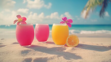 Three glasses of juice sit beside a lemon on a sandy beach.