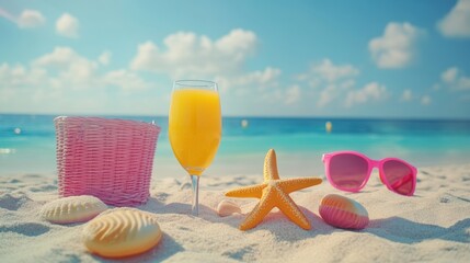 A refreshing glass of orange juice rests beside a straw hat on a sunny beach.