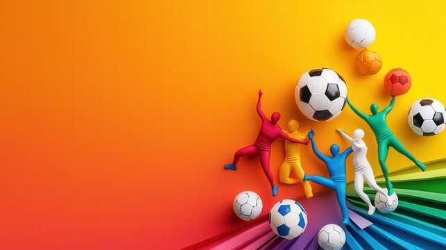 Colorful sports day event with diverse teams and soccer balls in action