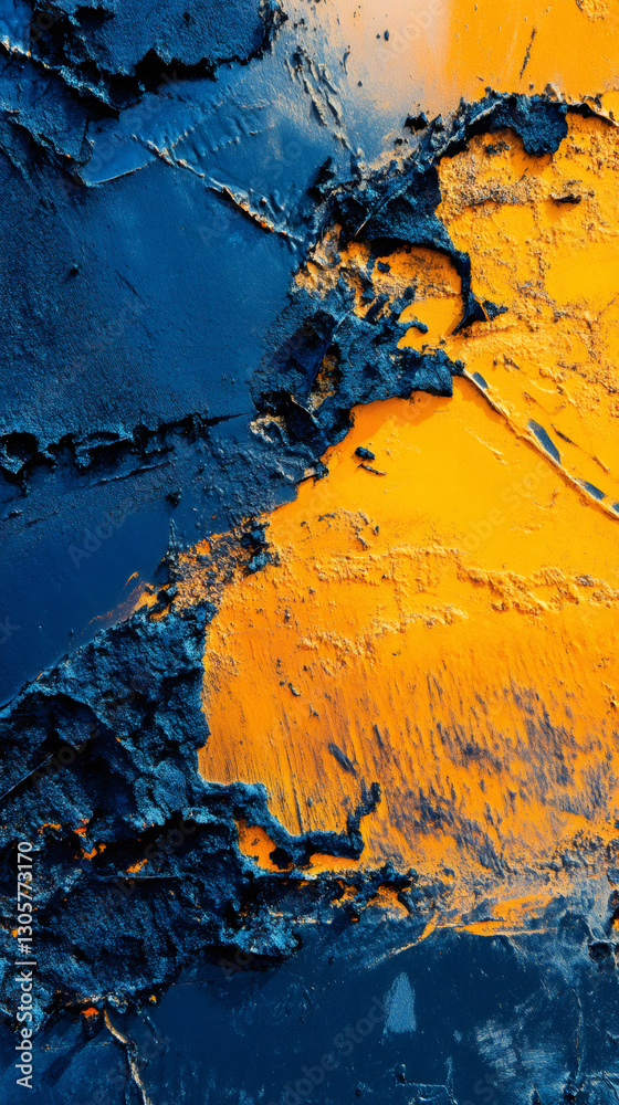 Poster dynamic abstract painting featuring bold blue and yellow brushstrokes, blending colors with expressi