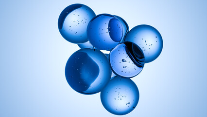 Cosmetics blue serum liquid bubbles 3d abstract background. Cosmetic moisturizer essence gel. Collagen fluid bubble molecule. Moisturizing cream or oil, beauty skin concept