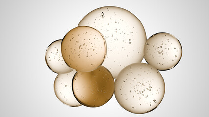 Cosmetics beige serum liquid bubbles 3d abstract background. Cosmetic moisturizer essence gel. Collagen fluid bubble molecule. Moisturizing cream or oil, beauty skin concept