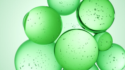 Cosmetics green serum liquid bubbles 3d abstract background. Cosmetic moisturizer essence gel. Collagen fluid bubble molecule. Moisturizing cream or oil, beauty skin concept