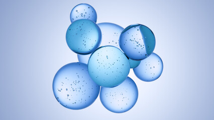 Cosmetics blue serum liquid bubbles 3d abstract background. Cosmetic moisturizer essence gel. Collagen fluid bubble molecule. Moisturizing cream or oil, beauty skin concept