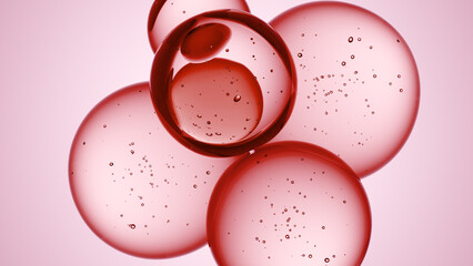 Cosmetics red serum liquid bubbles 3d abstract background. Cosmetic moisturizer essence gel. Collagen fluid bubble molecule. Moisturizing cream or oil, beauty skin concept