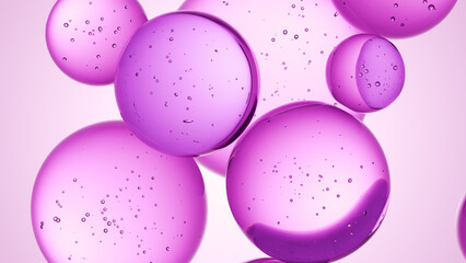 Cosmetics pink serum liquid bubbles 3d abstract background. Cosmetic moisturizer essence gel. Collagen fluid bubble molecule. Moisturizing cream or oil, beauty skin concept