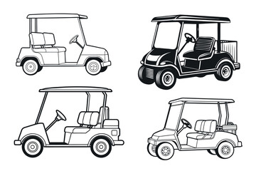 Golf cart vector silhouette line art Set