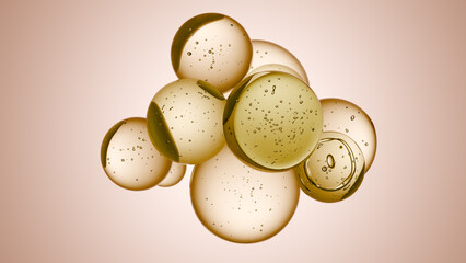 Cosmetics beige serum liquid bubbles 3d abstract background. Cosmetic moisturizer essence gel. Collagen fluid bubble molecule. Moisturizing cream or oil, beauty skin concept