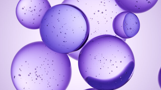 Cosmetics purple serum liquid bubbles 3d abstract background. Cosmetic moisturizer essence gel. Collagen fluid bubble molecule. Moisturizing cream or oil, beauty skin concept