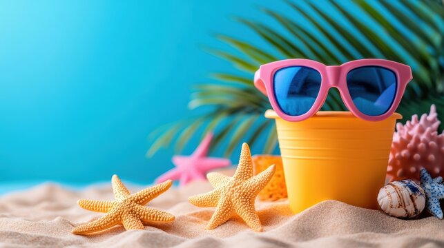 Two starfish and a bucket sit on the sandy beach under a clear sky. - Powered by Adobe