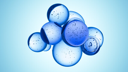 Cosmetics blue serum liquid bubbles 3d abstract background. Cosmetic moisturizer essence gel. Collagen fluid bubble molecule. Moisturizing cream or oil, beauty skin concept