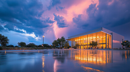 Fototapeta premium Office Building with Lightning Strike, Beautifully Illuminated, Representing Power Against Dusk Sky Backdrop