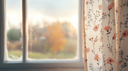 Naklejka premium Closed window framed by soft white curtains, displaying a peaceful mood, representing a blossoming tree, against a softly lit background
