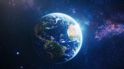 Earth rising over distant galaxy, soft glowing light, vibrant deep blues and purples, and vast expansive cosmic atmosphere, side angle shot.