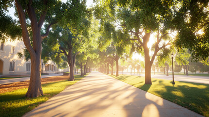 Sunlit pathway on a university campus, creating a tranquil setting, inviting exploration and reflection, against a backdrop of trees and buildings.