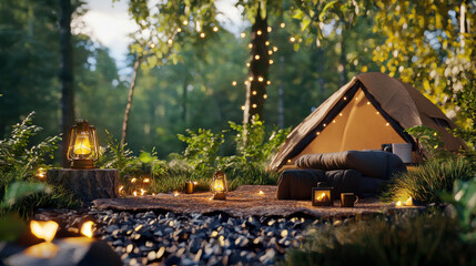 cozy camping setup in woods with warm lights and inviting atmosphere