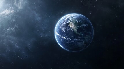 Fototapeta premium Earth viewed from satellite orbit, sharp sunlight, rich deep blues and whites, swirling clouds, and expansive calm atmosphere, eye-level shot.