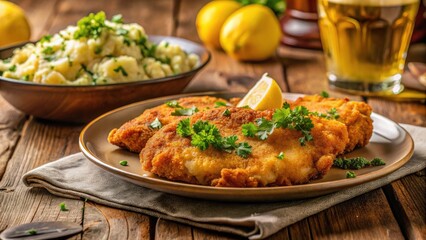 Crispy Schnitzel Close-Up: Mashed Potatoes & Drinks - Delicious Food Photography