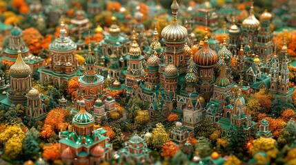 Fototapeta premium Autumnal Russian city model, detailed architecture, fall foliage background, for illustration or digital art