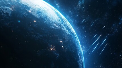 Obraz premium Earth with meteor shower in background, cool dark blues, bright fiery streaks, and dynamic cosmic atmosphere, wide-angle shot.