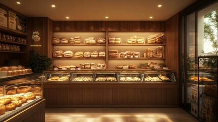 A Warmly Lit Bakery Displaying Fresh Bread and Pastries