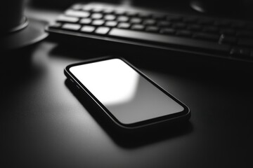 A cell phone rests on a desk beside a keyboard, showcasing a modern workspace setup.