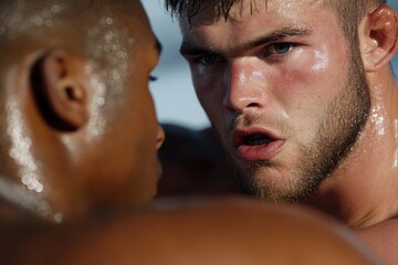 A fierce confrontation between two boxers illustrates the tension and strategy inherent in boxing, highlighting their intense focus and physical prowess.