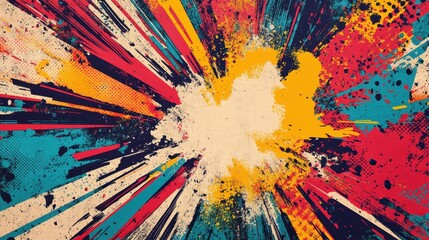 Explosive wallpaper with comic debris halftone shadows and worn 1970s color scheme