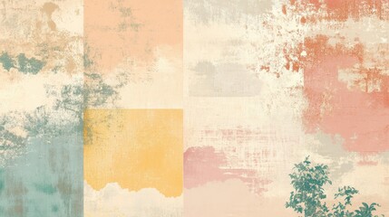 Obraz premium Wallpaper showcasing classic pastel blocks blended with halftone dots and ink effects