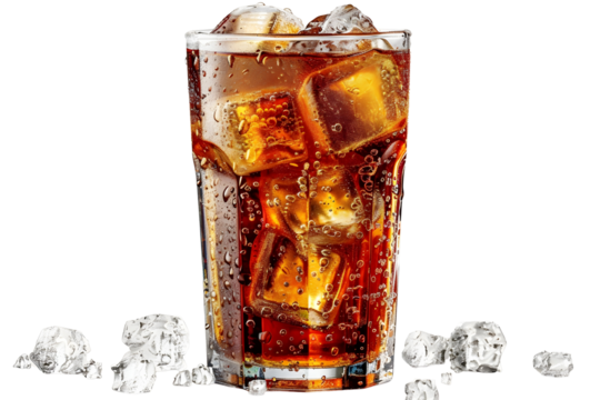 Refreshing Glass of Chilled Cola with Ice Cubes on a Table in an Outdoor Setting