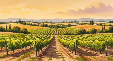 Fototapeta premium Watercolor Painting of a Vineyard at Sunset. 