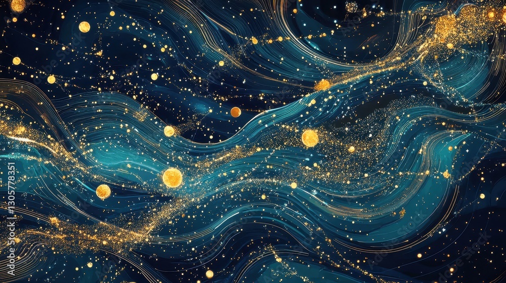 Wall mural backdrop featuring a holographic navigation display with cosmic waves and halftone constellations