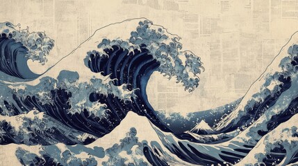 Wallpaper featuring minimalist ocean waves outlined in black ink halftone shadows and vintage textures