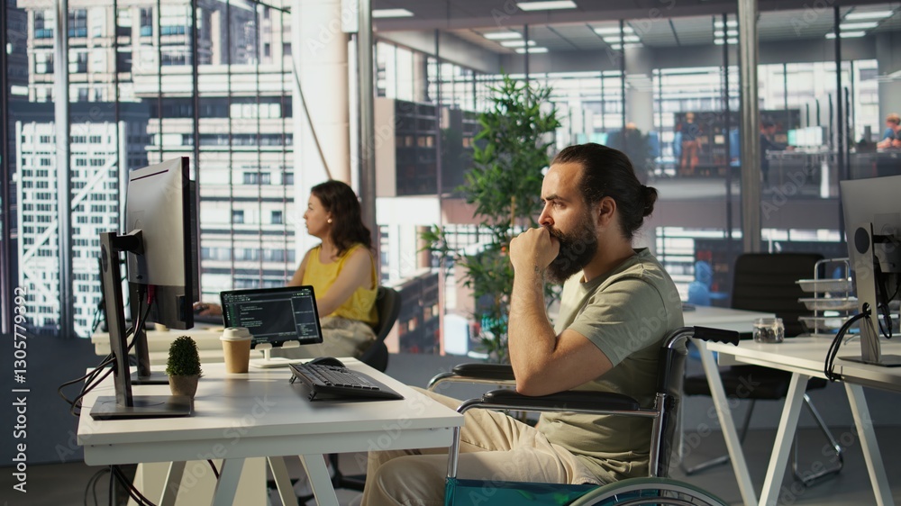 Poster it worker with disability sitting in wheelchair in office working at computer desk, focused on testi