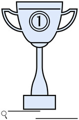 Trophy cup with number one badge showcases recognition, goal achievement. Ideal for competition, leadership, motivation, reward, success celebration, excellence, flat simple metaphor
