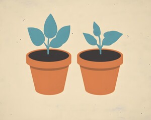 Obraz premium Two Plants Growing in Terracotta Pots Minimalist Illustration