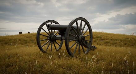 Watercolor Painting of a Vintage Cannon in a Field.
