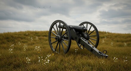 Watercolor Painting of a Vintage Cannon in a Field.
